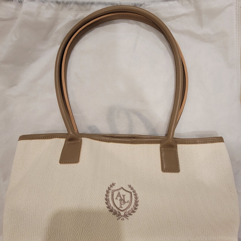 Canvas Shoulder Bag with Tan Trim - Cream and Tan Shoulder Tote